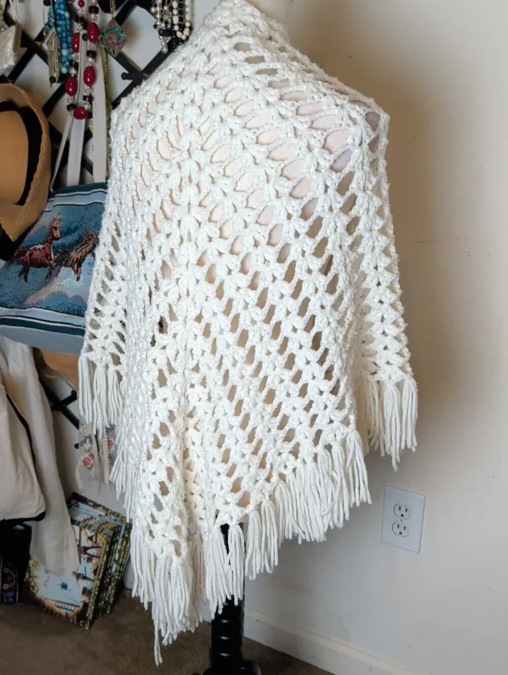 Vintage Handmade Crochet Fringe Shawl Cottagecore Prairie Festival Wrap
